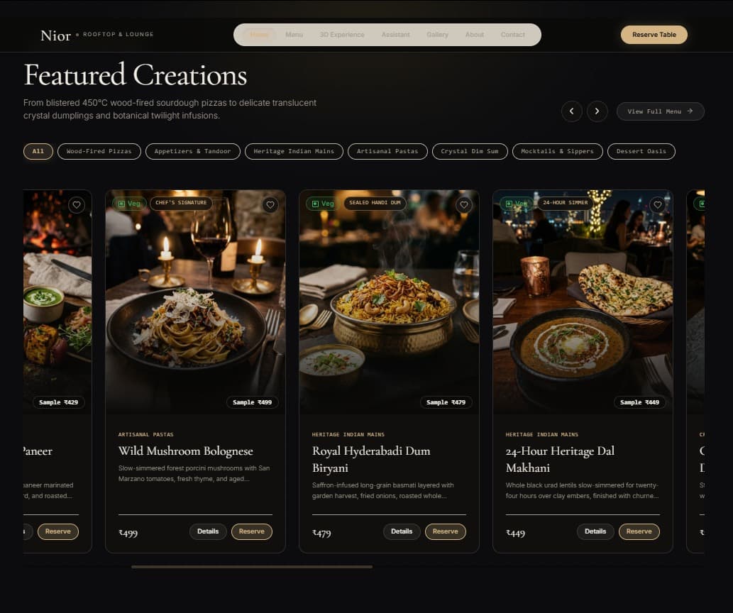 Interactive dining menu layout with craft beverage selections and category filters