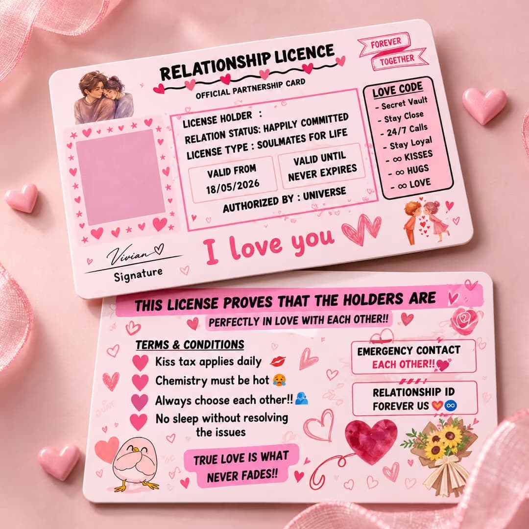Custom relationship license and personalized keepsake cards display