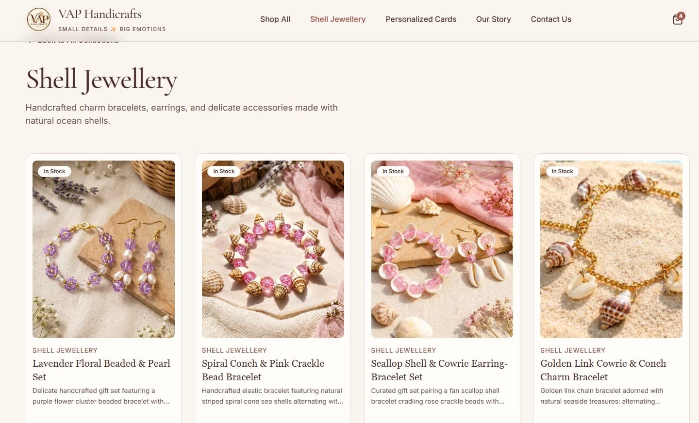 Curated ocean shell jewellery and handmade bracelet product collection